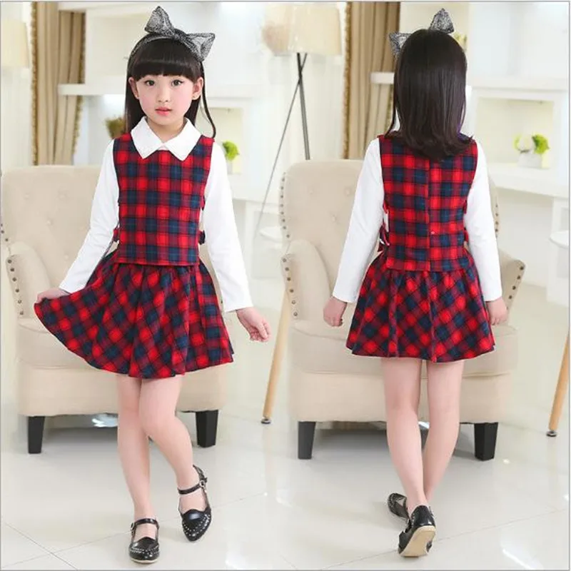 Girls White Shirt Plaid Waistcoat Skirts 3PCS Suit 1-6