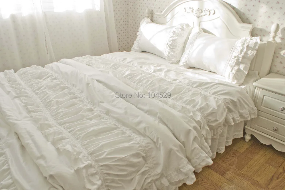 Luxury Korean embroidered lace ruffle bedding sets,snow