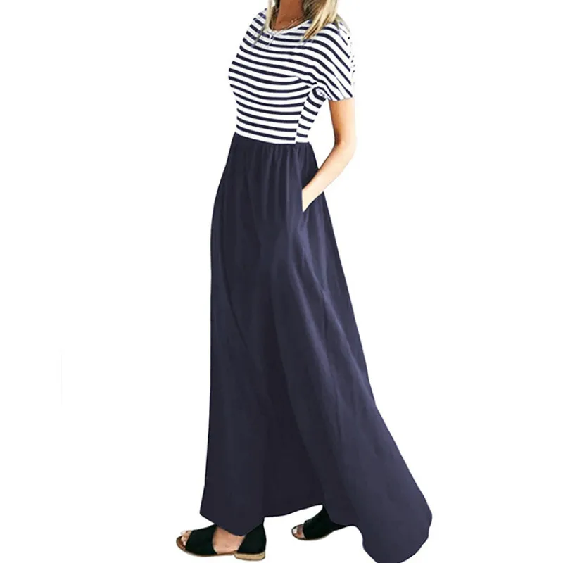 

Striped Casual Maxi Dresses Women's Summer O-Neck Maxi Long Dress Femme Short Sleeve Stripe Plus Size Sundress with Pocket GV577