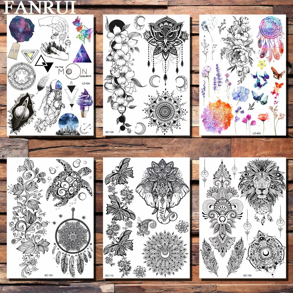 

FANRUI Ganesha Elephant Mehndi Mandala Flower Temporary Tattoo Sticker Black Henna Tatoo Waterproof Body Art Arm Custom Tato