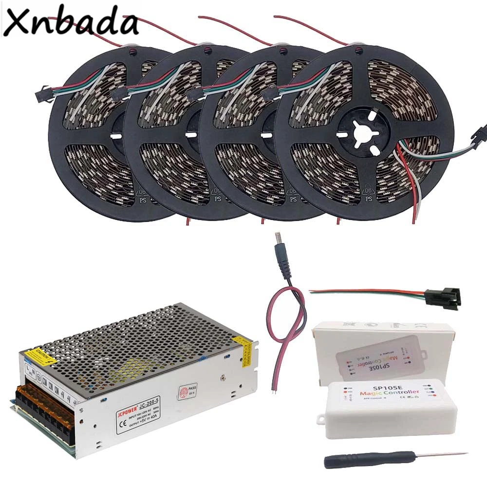 

5m 10m 15m 20m WS2812B WS2812 30Leds/m 60Leds/m RGB Led Strip,SP105E Bluetooth RGB Led Controller DC5V Power Supply Adapter Kit