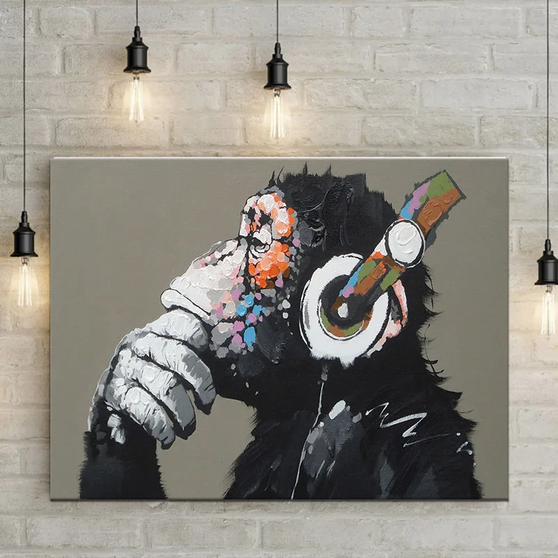 Framed Large Animal Monkey Painting Printed On Canvas Modern Funny Thinking Monkey with