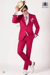 2016 Красный Slim Fit смокинг для жениха Мужская ужин Пром костюмы Groomsmen Свадебные блейзер костюмы на заказ (куртка + брюки + жилет + галстук)