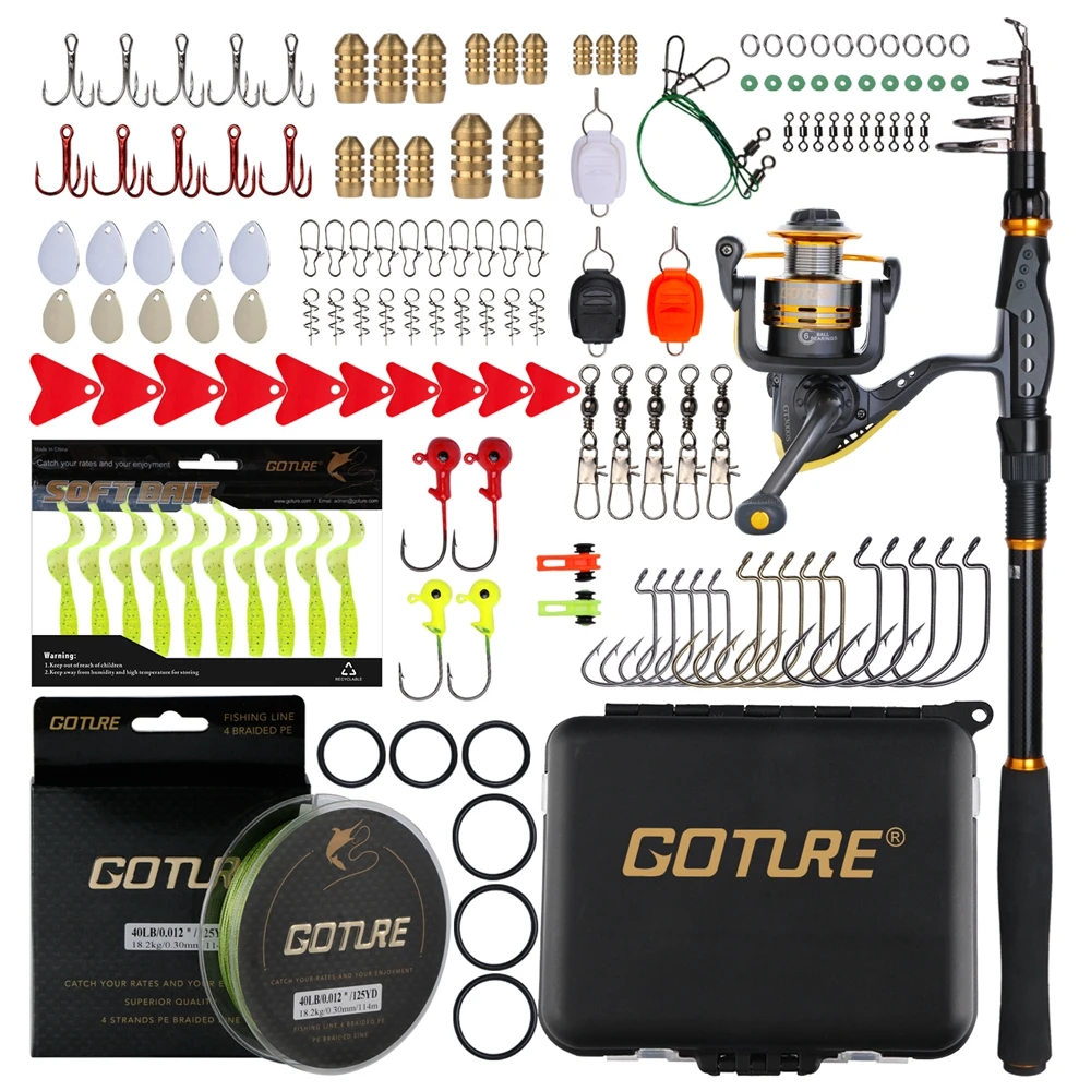 Goture الصيد قضيب كومبو ألياف الكربون تلسكوبي البحر قضيب مع الغزل بكرة ، خط مضفر ، لينة إغراء و الصيد اكسسوارات