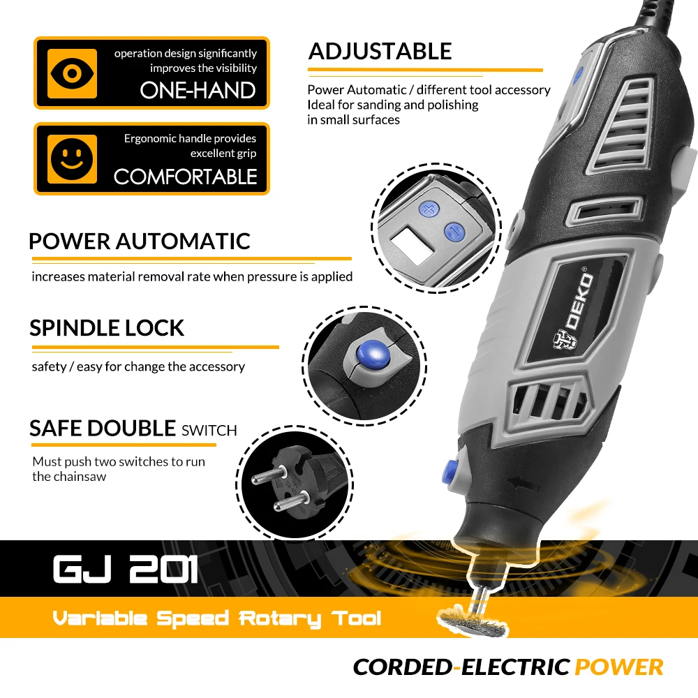 DEKO GJ201 Variable Speed Grinding Tool LCD Dremel Style Rotary Engraver Tool Electric Mini Drill Grinder w/ Flexible Shaft
