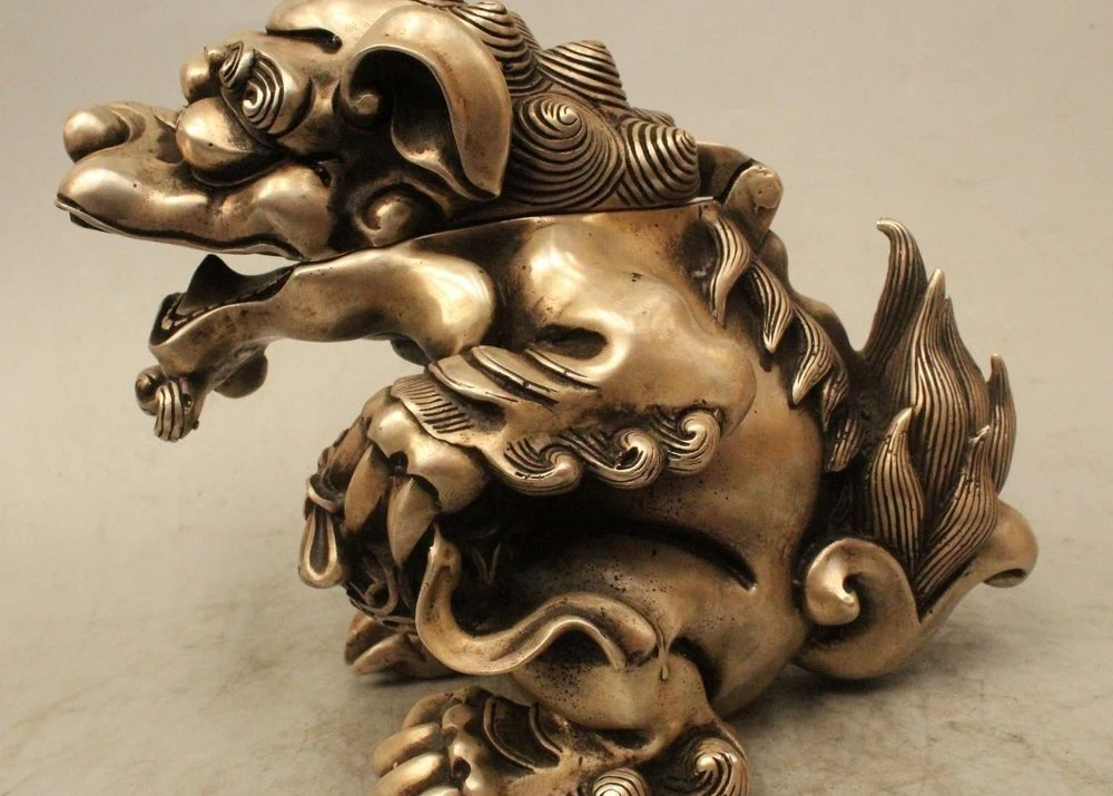 

6" China Chinese Silver Lion Foo Dog Beast Ball Statue Incense Burner Censer