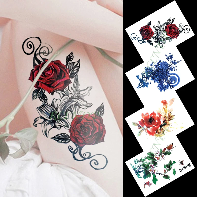 

Waterproof Temporary Tattoo Sticker red rose blue pink differents flowers tatto flash tatoo fake tattoos for kids girl men women