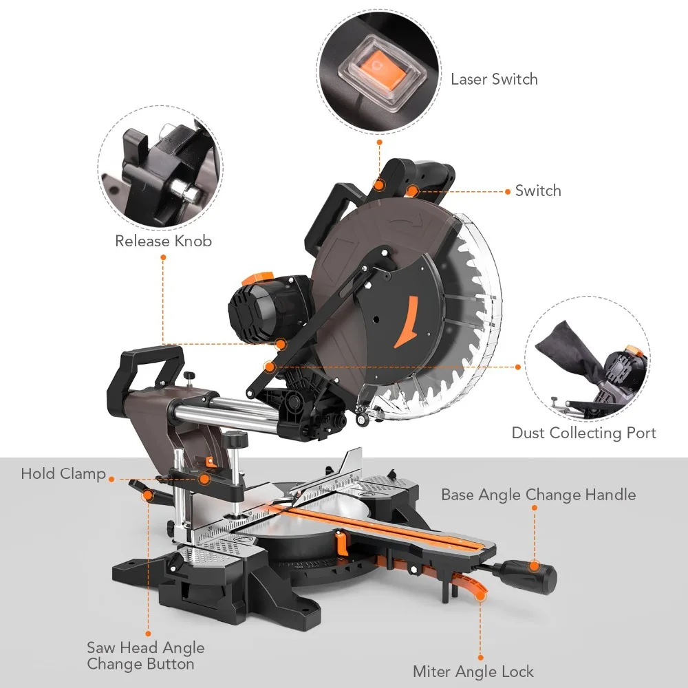 Tacklife PMS03A скользящая торцовочная пила 12 дюймов 15 Ампер пилы 3800 об/мин