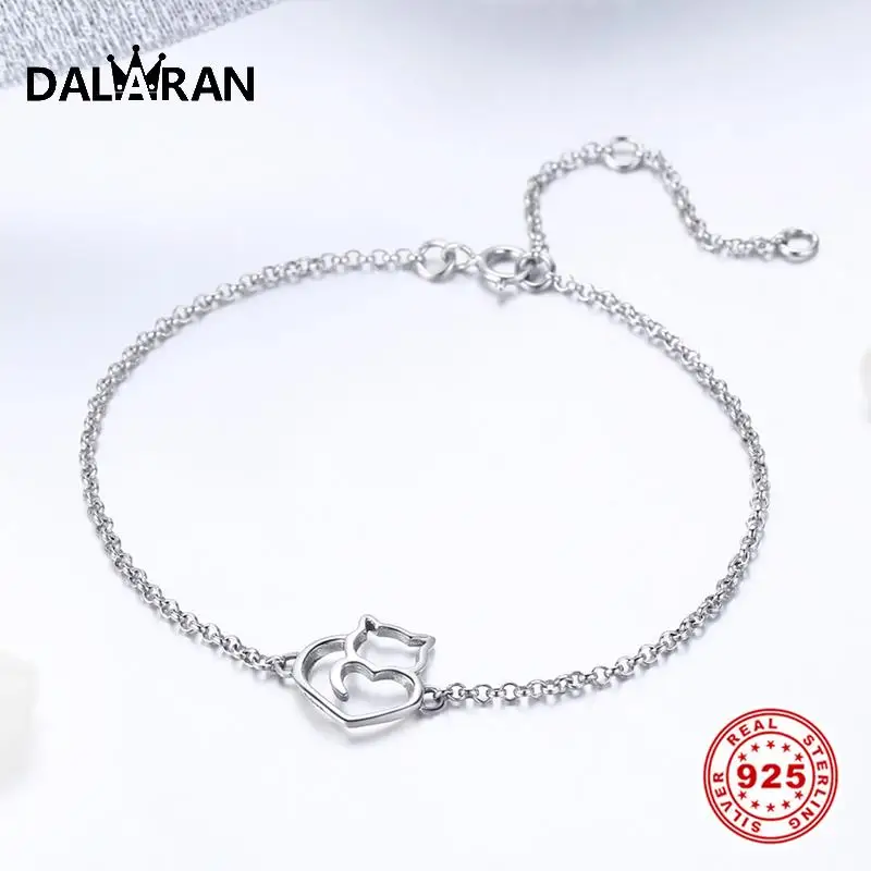 

DALARAN 100% Real 925 Sterling Silver Simple Cute Cat Chain Link Women Bracelets Bangles Sterling Silver Jewelry Gift