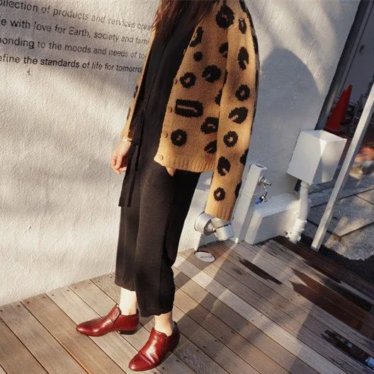 Женский корейский стиль леопардовые кардиганы с принтом осенний однобортный короткий вязаный свитер, Свободный плащ свитера джемпер Femme - Цвет: Коричневый