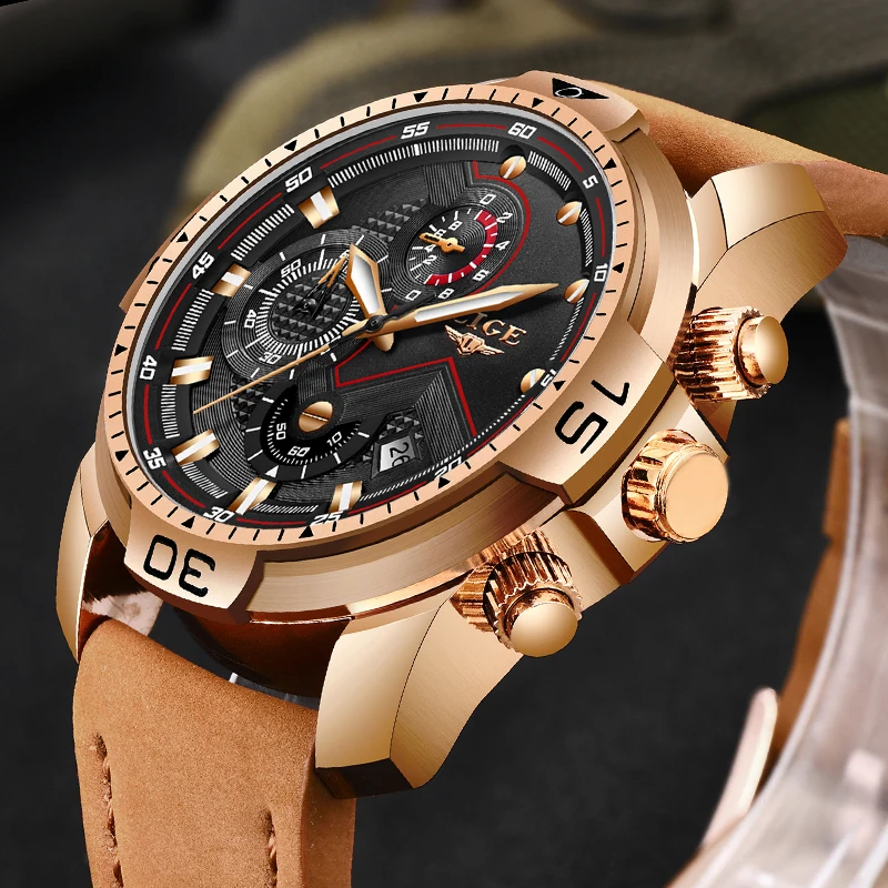 LIGE Mens Watches Top Brand Luxury Leisure business Watch Waterproof Wristwatch Leather Watch Date clock Relogio Masculino+Gift