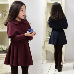 Коллекция 2019 года, осенне-зимние комплекты одежды для девочек, детское шерстяное платье + мантия, 2 предмета, с поясом, элегантное платье для