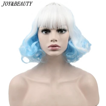 

JOY&BEAUTY 20cm White Blue Mixed White Red Short Curly Synthetic Hair Cosplay Wigs For Harajuku Party Wig Heat Resistance Hair