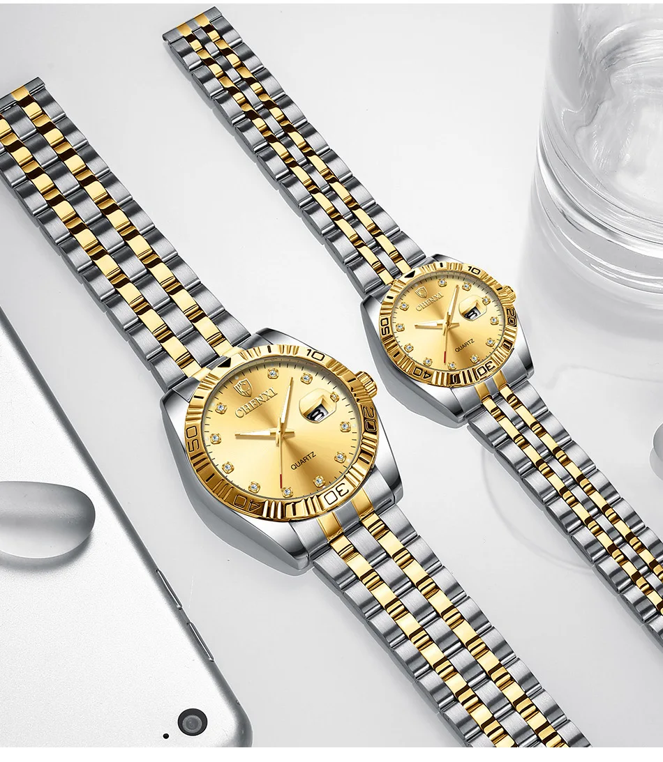 CHENXI Роскошные Брендовые Часы для влюбленных для женщин и мужчин наручные часы в деловом стиле Sytlish со стразами сталь ремень пара кварцевые