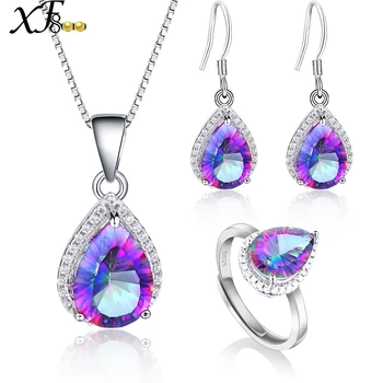 

XF800 925 Sterling Silver Jewelry Genuine Gem Stone Rainbow Mystic Topaz Crystal Necklace Pendant Ring Earrings Wedding [T236]