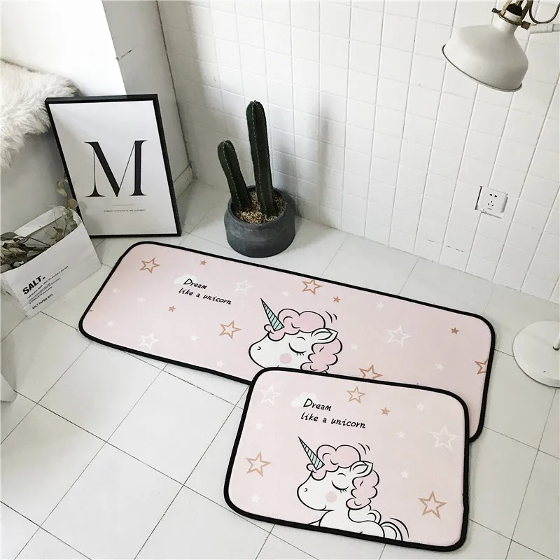

Pink Unicorn Printed Anti-Slip Mat Kitchen Bathroom Bedroom Living Room Convenient Simple Polyester Fabric Mat