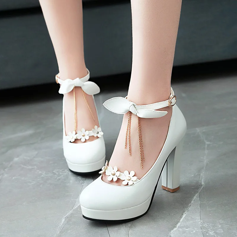 Rimocy women's super high heels lovely floral strap pumps 2019 new spring fashion thick platform pink bowtie shoes woman lolita