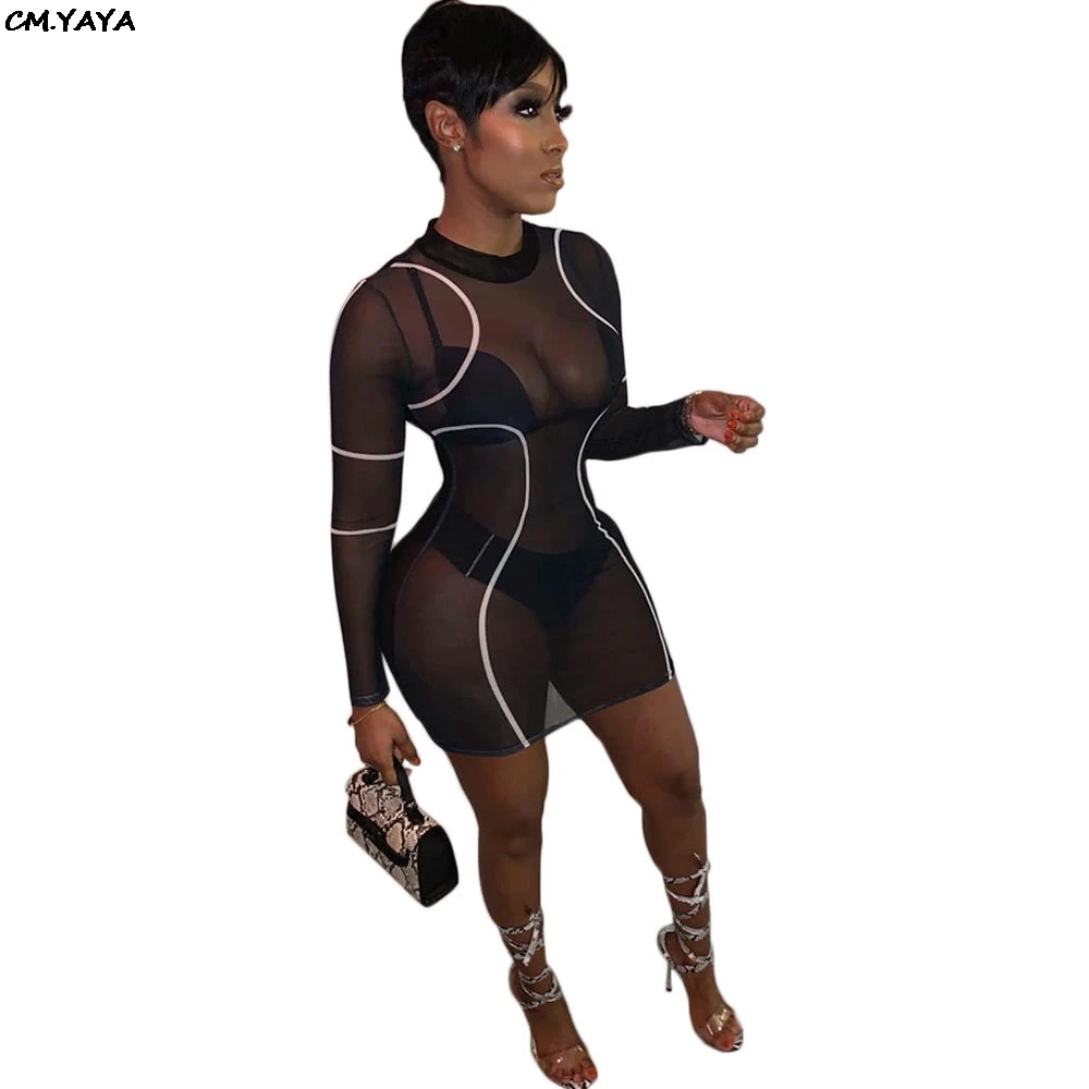 

women new mesh see though long sleeve striped above knee mini bodycon skinny midi dress sexy club paryt night dresses GLA6111
