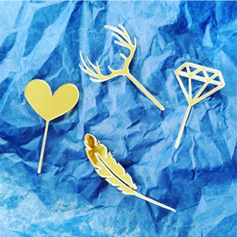 

2019 New Gold Wedding Acrylic Cake Topper Heart Diamond Feather Cupcake Topper For Birthday Party Cake Decorations Baby Shower