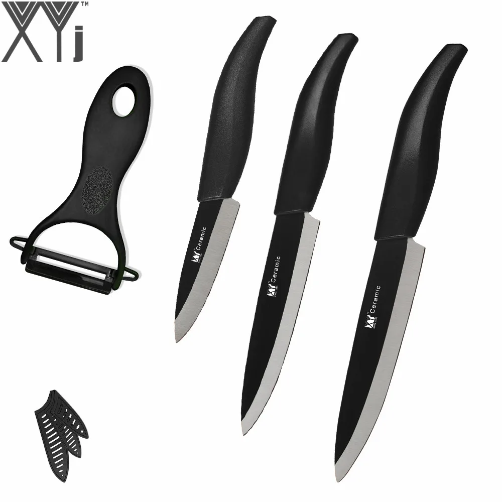 

XYj Brand 100% New Zirconia Ceramic Knife Ergonomic Design 3" 4" 5" Kitchen Knife set + Black Blade Black Handle Peeler 4Pcs Set