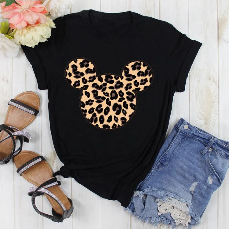 

Summer Cute New Pattern T-shirt Casual Women's Clothing Unif 90s Leopard Mickey Avatar Black Short-sleeved Women's T-shirt