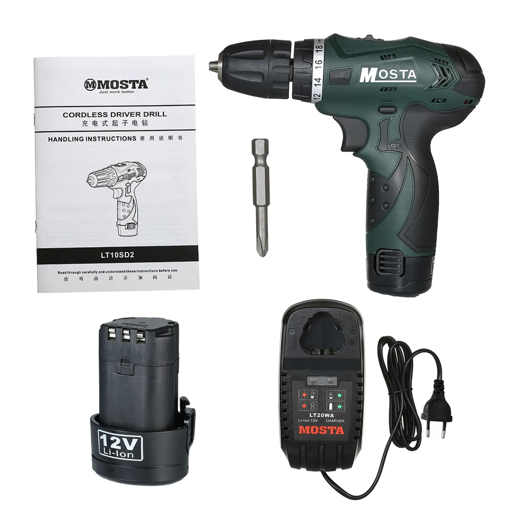 MOSTA 12 V 180 W Электроинструмент электрическая дрель перезаряжаемая беспроводная дрель комплект 1500 mAh литий-ионная батарея 27N. m 1350 rpm