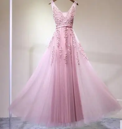 Vestido de festa Новое поступление халат De Soiree V образным вырезом с кружевными аппликациями Длинные Тюль Вечерние платья розовый темно синие серый