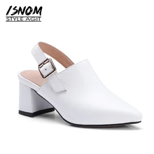 ISNOM Novo Verão De Salto Alto Sandálias Mulheres Genuínas sapatos de Couro Pontas Do Dedo Do Pé Calçado de Volta Cinta 2018 Senhoras Marca de Moda Sapatos de Escritório