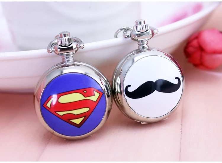 

New Arrival Cool Black Case beard cartoon superman Theme Pocket Watch Quartz Fob Watch With Chain Necklace Gift