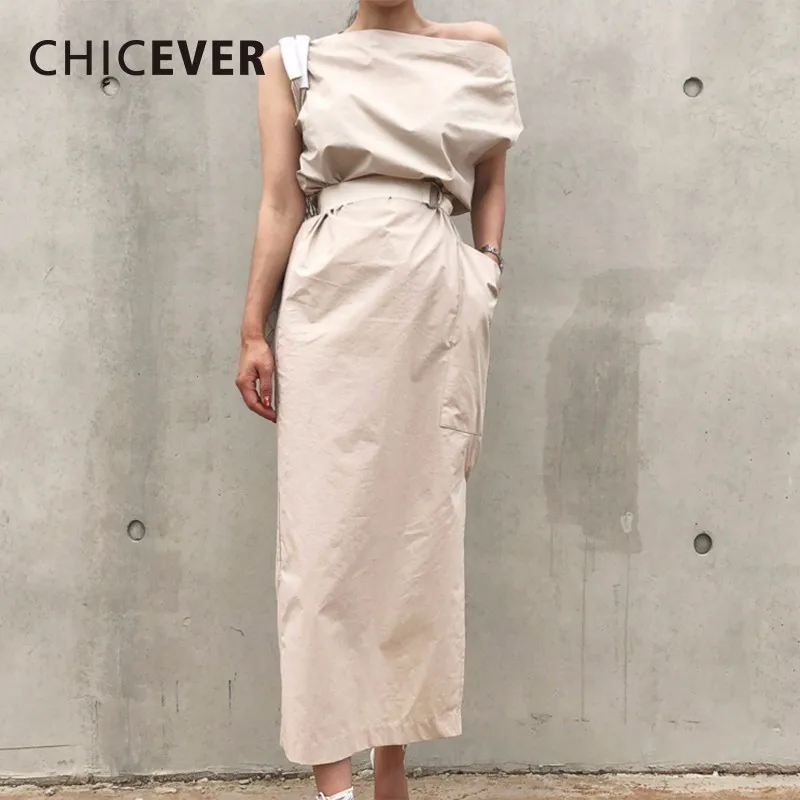 

CHICEVER Summer Dresses For Women Sexy Slash Neck Hem Split Big Pocket Waist Lace Up Slim Dress Female Korean Fashion Tide New