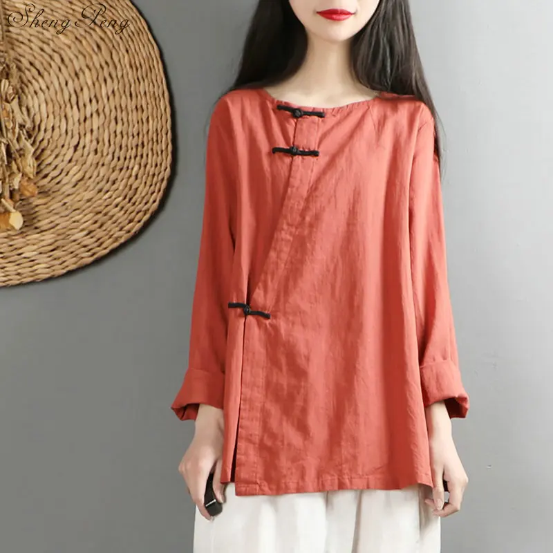 Linen Chinese Traditional Top Qipao Shirt for Woman Cheongsam Style