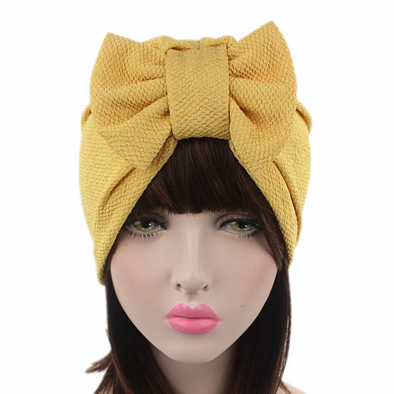 Fashion Solid Big Bow Turban Women's Hats Muslim Turban India Elastic Beanies Headwear Chemo Cap Lady Bowknot Hat Hair Accessory