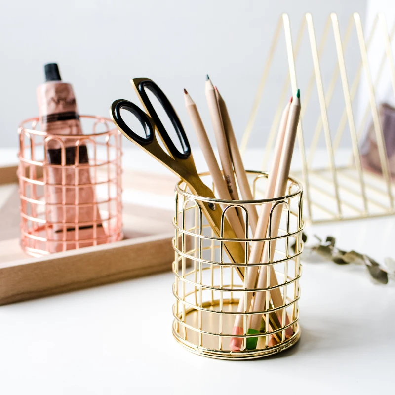 

Nordic style metal iron art hollow round pen holder can store makeup pens pencils sundries desk accessories organizer
