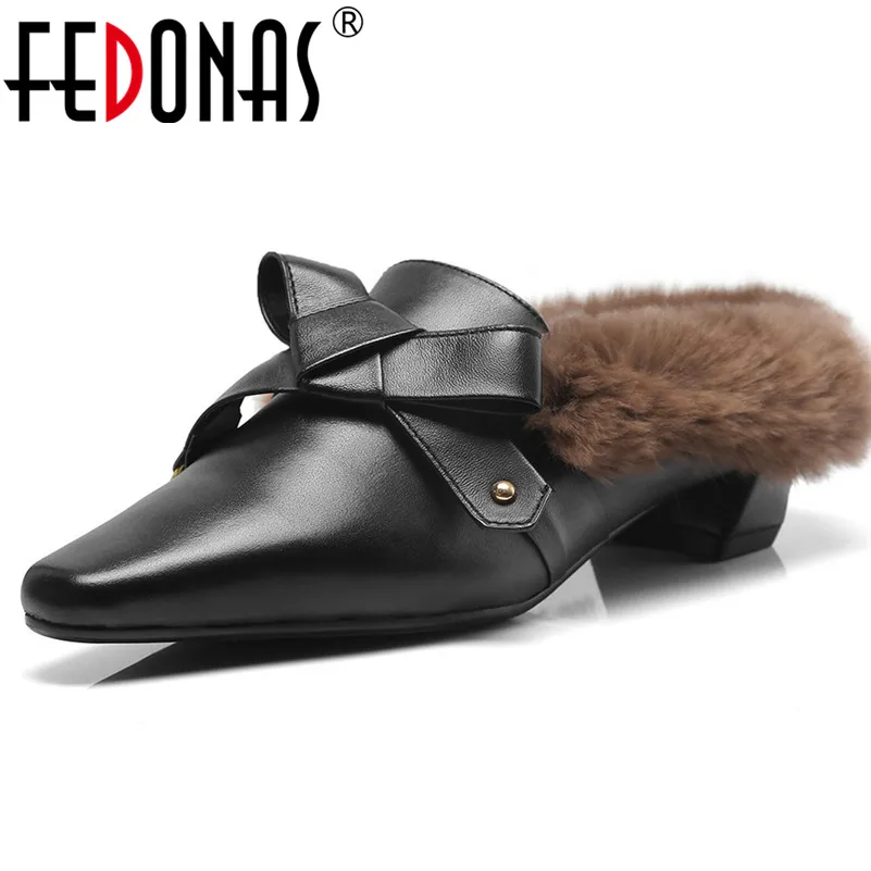

FEDONAS Fashion Retro High Heels Bowtie Party Wedding Shoes Woman Genuine Leather Pointed Toe Pumps Ladies Slingbacks Fur Mules
