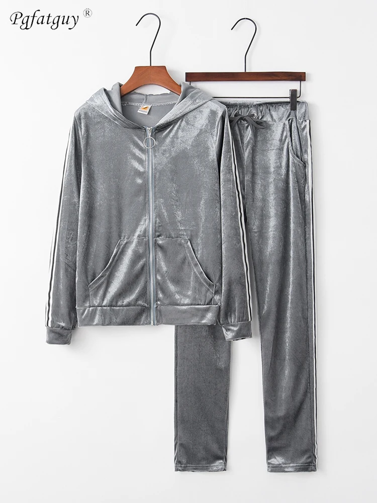 

Gold Velvet Tracksuit Two Piece Set Women Sexy Hooded Grey Long Sleeve Sweatshirts And Pants Twinset Runway Fashion 2019 Autumn