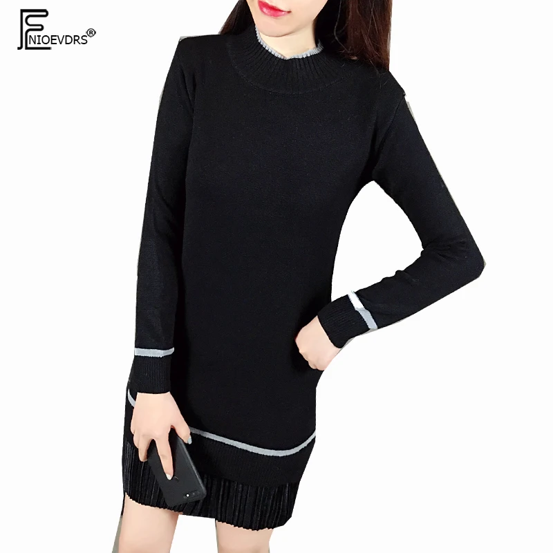 

Winter Basic Pullovers Sweater Dresses Hot Women Fashion Long Sleeve Patchwork Pleated Mini Black Green Cute Knit Dress J122