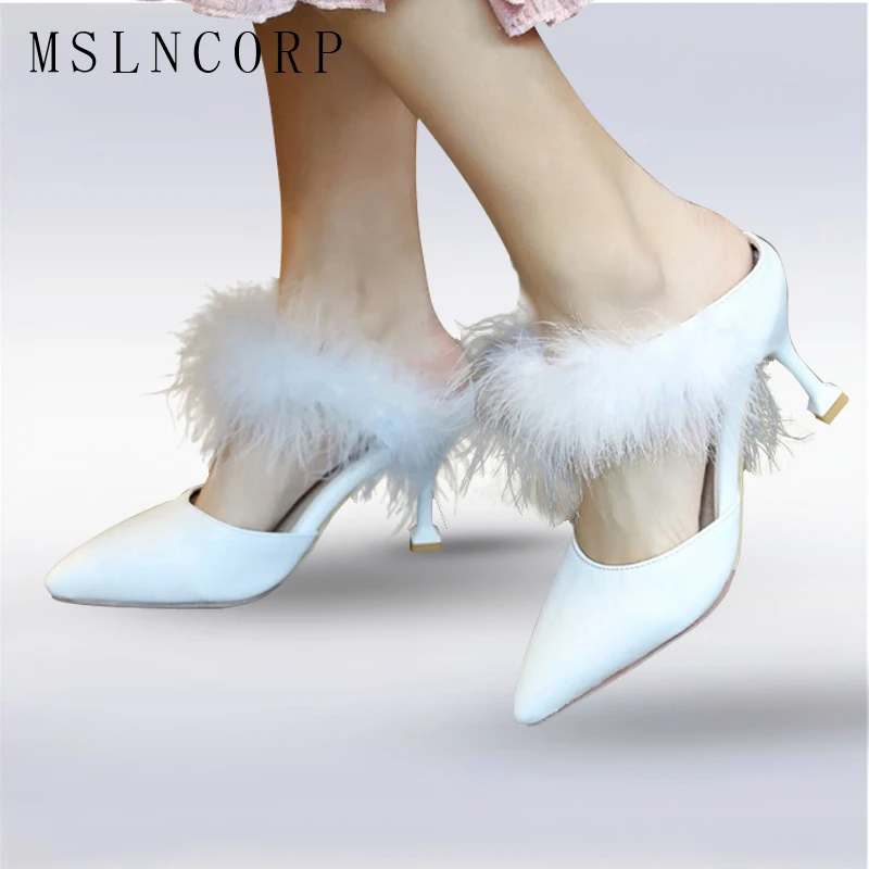 

Plus Size 34-43 New Women slippers real fur Summer high heel Shoes Outside Fashion mules Pointed Toe Sandals sexy ladies Pumps