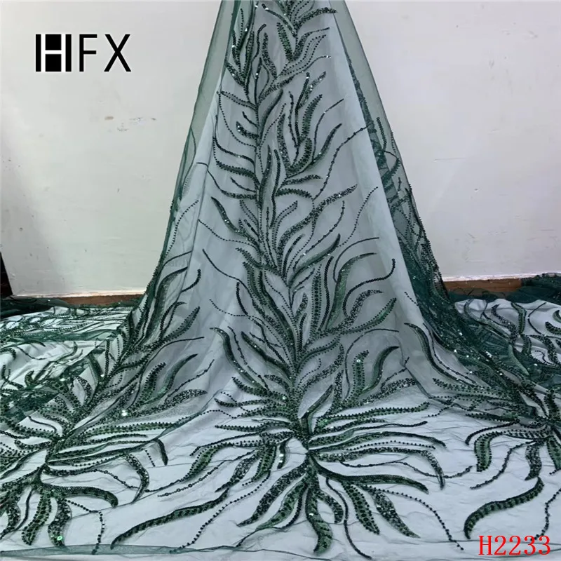 

HFX Green Sequins Lace Fabric 2019 High Quality African Evening Dress Fabrics New Nigeria Sequined Embroidered Mesh Net H2233