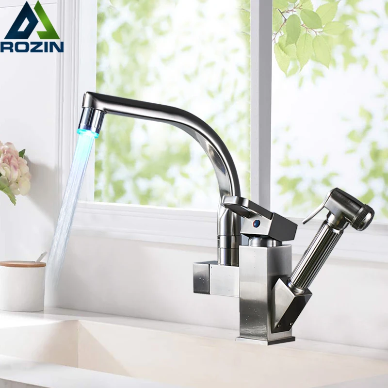 Brushed Nickel Kitchen Faucet Led light Spout Pull Out Sprayer Head Deck Mounted Hot Cold Water Tap for Kitchen LED Light Spout Brushed Nickel Kitchen Faucet Led light Spout Pull Out Sprayer Head Deck Mounted Hot Cold Water Tap for Kitchen LED Light Spout