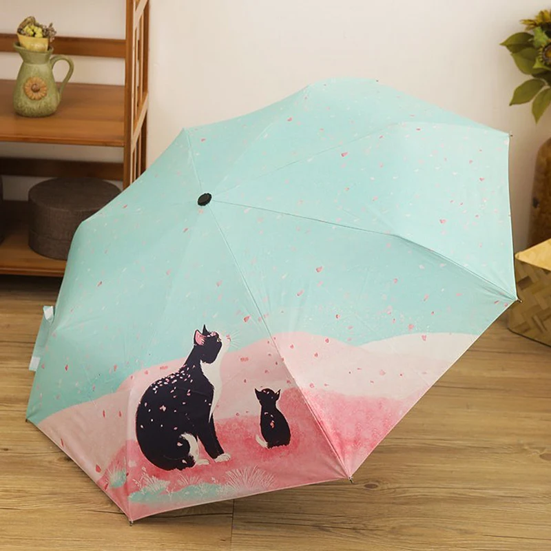 

Flower Cat Folding Non-automatic Umbrella Women Auto Wind Resistant Windproof Rainy Umbrellas Men Portable Black Coating Parasol