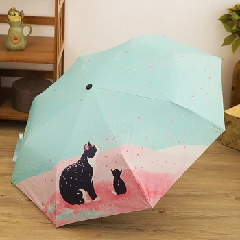 

Flower Cat Folding Non-automatic Umbrella Women Auto Wind Resistant Windproof Rainy Umbrellas Men Portable Black Coating Parasol