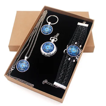 

New Blue Fire Fighters Control Jewelry Gift Set Have Pocket Watch And Pendant Necklace And Key chain Bracelet With Gift Box