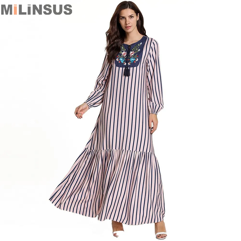 

Milinsus Plus Size M-4XL pink stripe Dress Women Muslim Robe Embroidery elegant Long Dresses female loose Vestidos Verano 2019