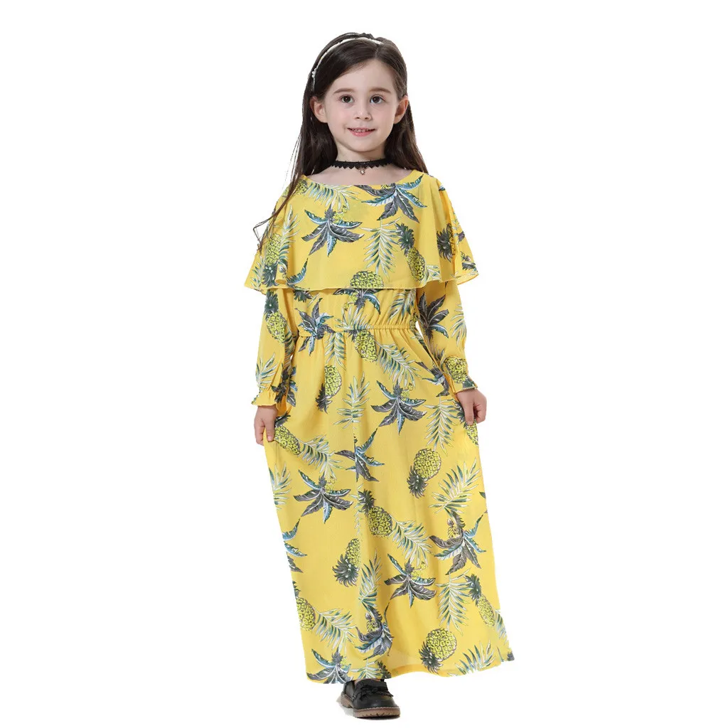 Kids dresses For girls summer Cotton Muslim Dress Girl Islamic Floral Long Sleeves Full Length Robe Burka Maxi Dress F410