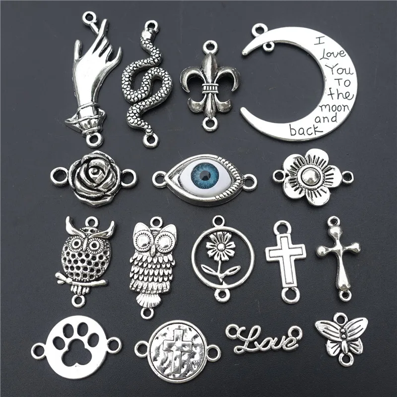 

Zinc Alloy Connectors Hand Snake Evil Eye Rose Owl Sunflower Bear Paw Cross Love Iris Diy Jewelry Making Findings 10pcs/lot