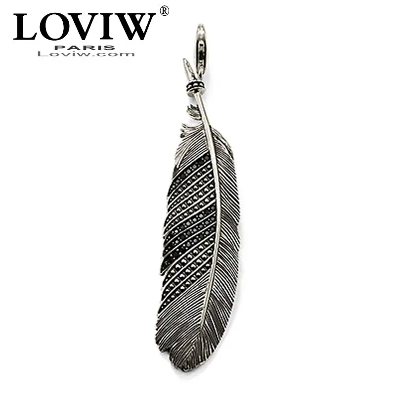 

Feather Necklace Pendant 925 Sterling Silver Blackened Black Zircon Thomas sabor punk Style Gift Nice new fashion Europe Jewelry