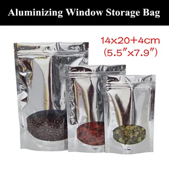 

50pcs 14x20+4cm (5.5"x7.9") 200micron Stand up Aluminizing Window Ziplock Bag Dried Fruit/Goods Pouch Grain Products Foil Bag