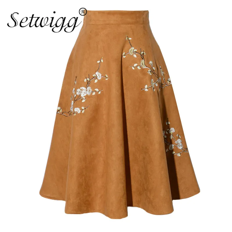 

SETWIGG Autumn Thick Suede Midi Skater Skirts Side Pockets Embroidered Plum Blossom Winter Knee Length Flared Skirts SG88
