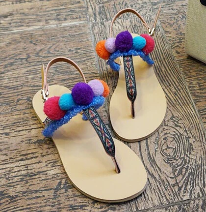 

2016 summer hottest nice colorful pom pom sweetie flat sandals clip toe beach shoes Bohemian style flat cute girl sandal