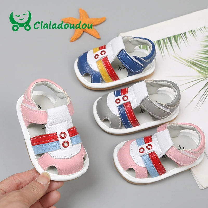 

Claladoudou 11.5-13.5CM 0-2years old genuine leather boys girls first sandals infant unisex closed toe strap safe flats shoes